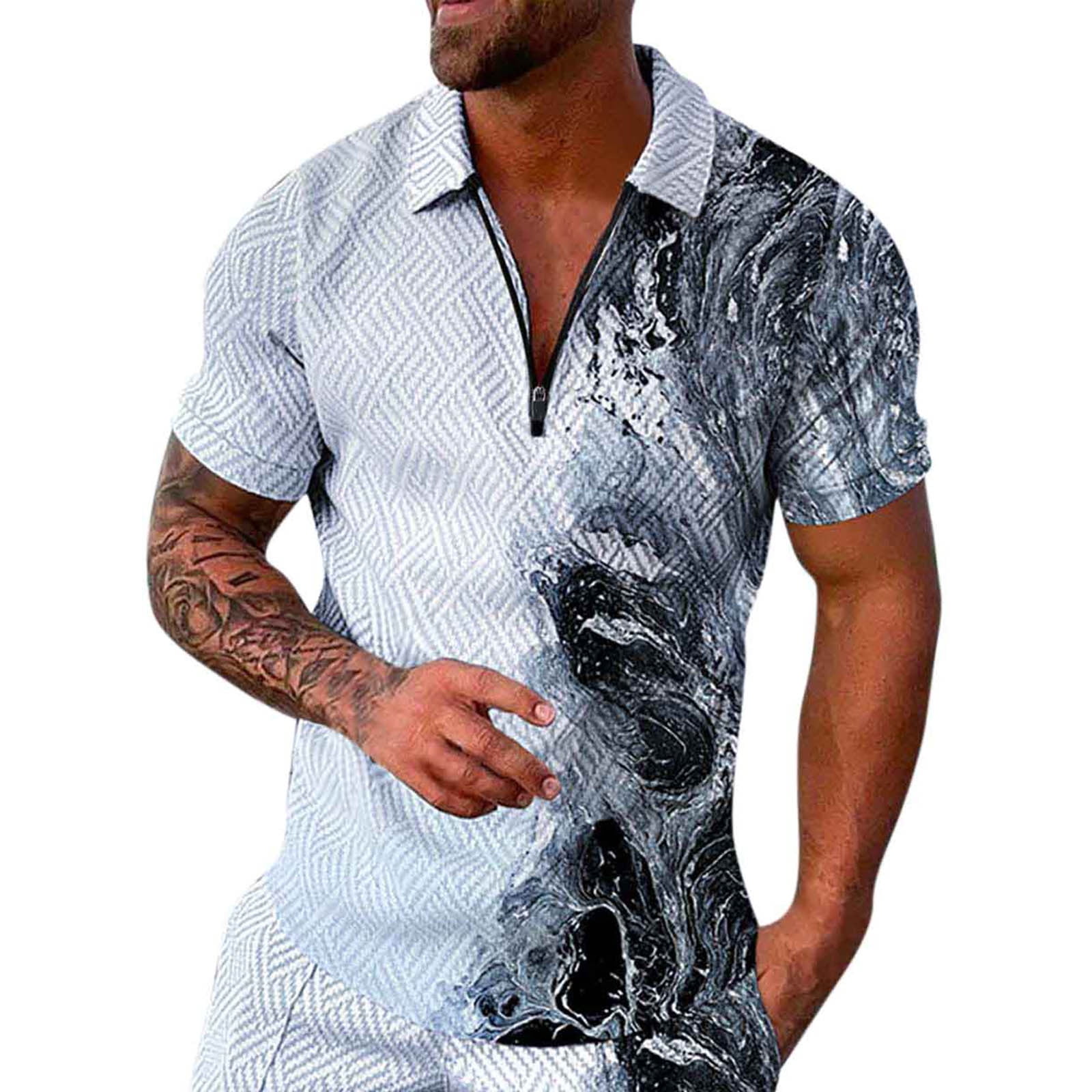 Mens Polo Shirts with Collar Male Casual Print Zipper Turn Mens Polo Shirts with Collar Male Casual Print Zipper Turn