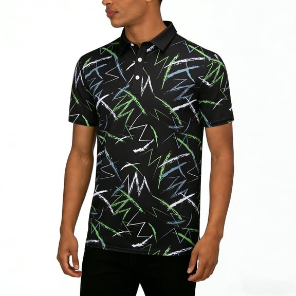 Mens Polo Shirts with Collar Quick Dry Print Performance Golf Polo UPF 30+ Black Polo Shirts XL