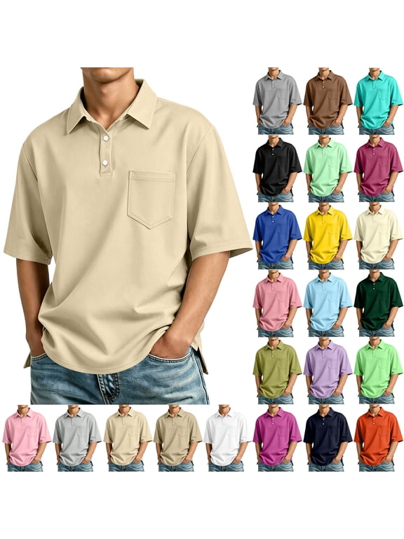 Mens Polo Shirts with Pocket Cotton Pique Short Sleeve Collared Shirt Moisture Wicking Golf Shirts 3-Button Tops