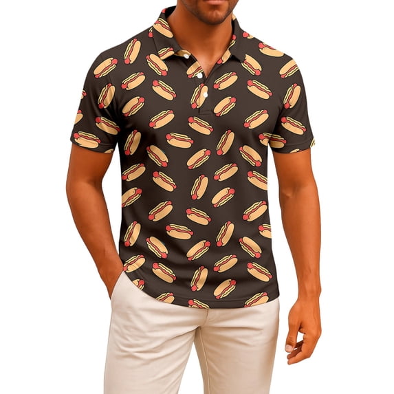Mens Polo Short Sleeve Hot Dog Print Button Down Collared Top Summer Outings Golf Shirts Coffee XXL