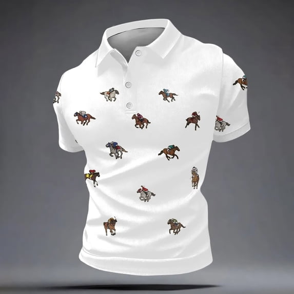 Mens Polo Short Sleeve Knit Horse Racing Printed Comfort Collared Top Casual Business Golf Shirts for Men A White XXL