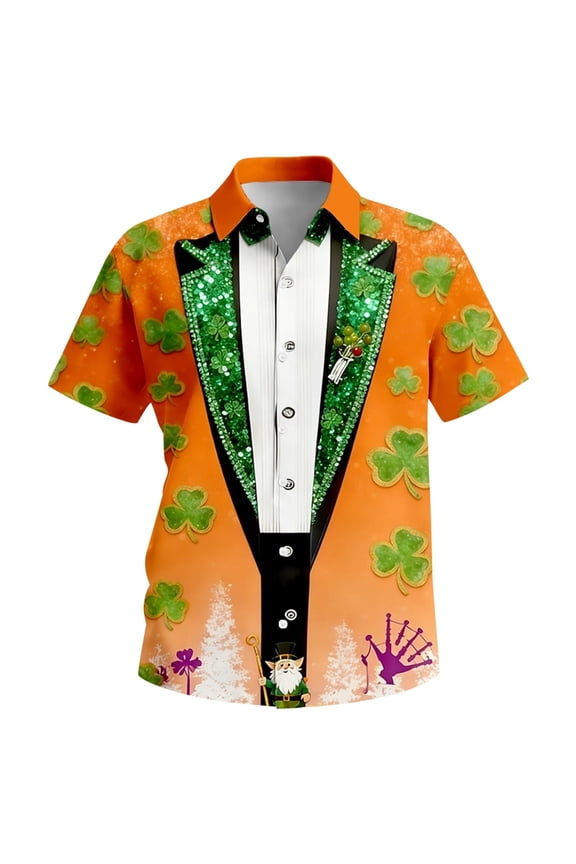 Mens Polo St Patrick'S Day Short Sleeve Button Down Print Irish Business Casual Clothes for Men,Orange,S