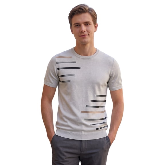 Mens Polo Strick Kurzarm Gestreiftes Herren Atmungsaktiv Rundhals Ribbed Tops for Men,Light Gray,M