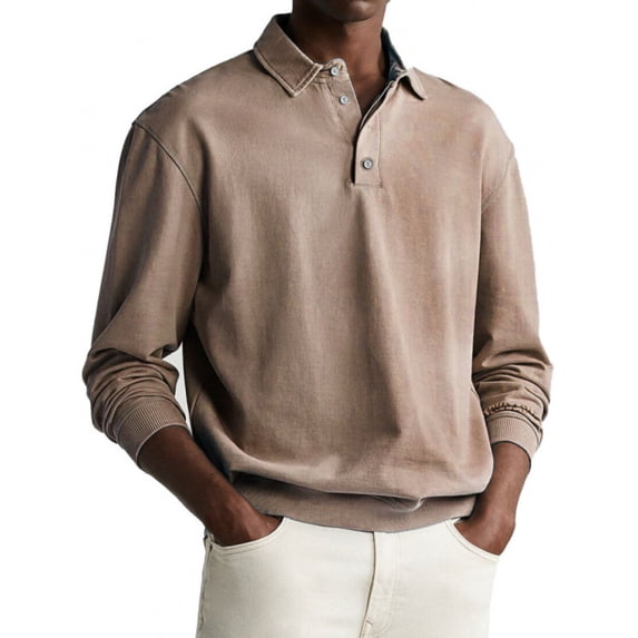 Mens Polo Sweater Long Sleeve Shirt Button Down Knit Pullover Relaxed Fit Collared Casual Tops Khaki 4XL
