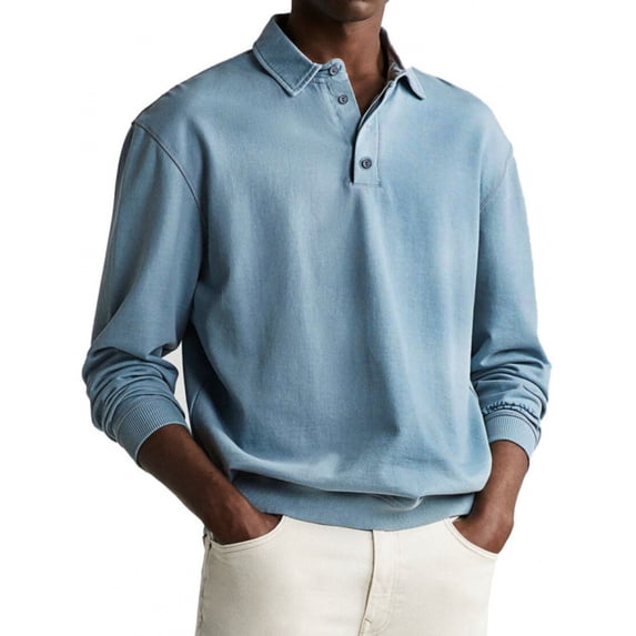 Mens Polo Sweater Long Sleeve Shirt Button Down Knit Pullover Relaxed Fit Collared Casual Tops Light Blue 5XL