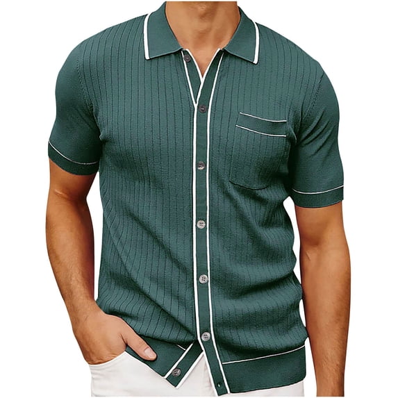 Mens Polo Sweater with Short Sleeve Shirts Vintage Textured Striped Button Down Knitted Golf Shirts with Pocket Size 3XL Green