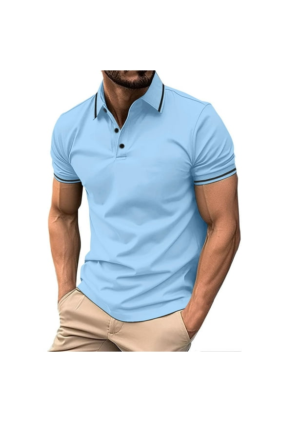 Mens Polo T-Shirt Button Down Solid Color Striped Short Sleeve Mens Performance Polos,Blue,M