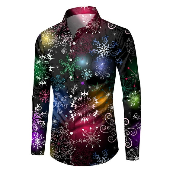Mens Polo T-Shirt Christmas Lapel Color Blocked Long Sleeve Snowflake Printed Button Down Mens Casual Shirts,Purple,3XL