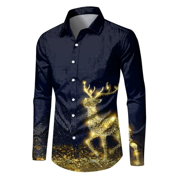 Mens Polo T-Shirt Christmas Lapel Color Blocked Long Sleeve Snowflake Printed Button Down Mens Formal Shirts,Blue,3XL
