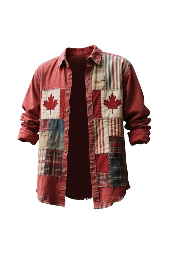 Mens Polo T-Shirt Long Sleeve Embroidered Maple Leaf Pattern Button Down Mens Knit Tops,Red,S