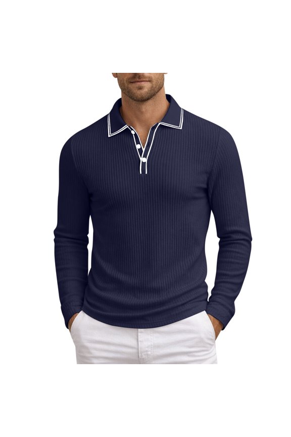 Mens Polo T-Shirt Long Sleeve Knit Soft Breathable Classic Fit Mens Rugby Shirt,Navy,XL