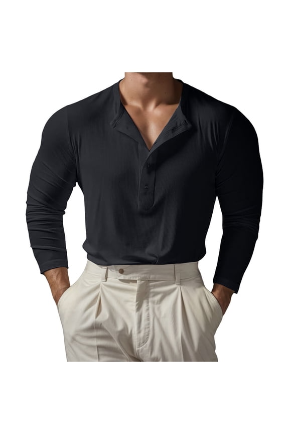 Mens Polo T-Shirt Long Sleeve Neck Slim Fit Stretchable Ribbed Base Layer Mens Activities Shirt,Black,XL