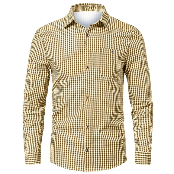 Mens Polo T-Shirt Plaid Breathable Long Sleeve Button Down Mens Formal Shirts,Khaki,2XL