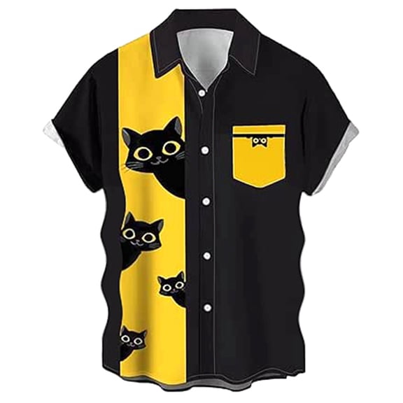 Mens Polo T-Shirt Printed Stylish Long Sleeve Button Down Mens Holiday Clothes,Black,M