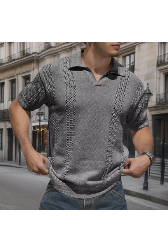 Mens Polo T Shirt Short Sleeve V Neck Hollow Out Knit Tee Shirts Slim Fit Grey Tee Shirts for Men