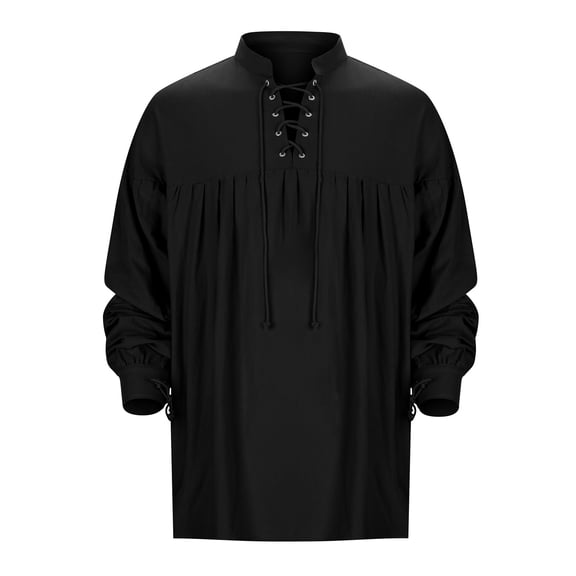 Mens Polo T-Shirt Stand Up Steam Lace Up Long Sleeve Solid Color Summer Shirt for Men,Black,XL