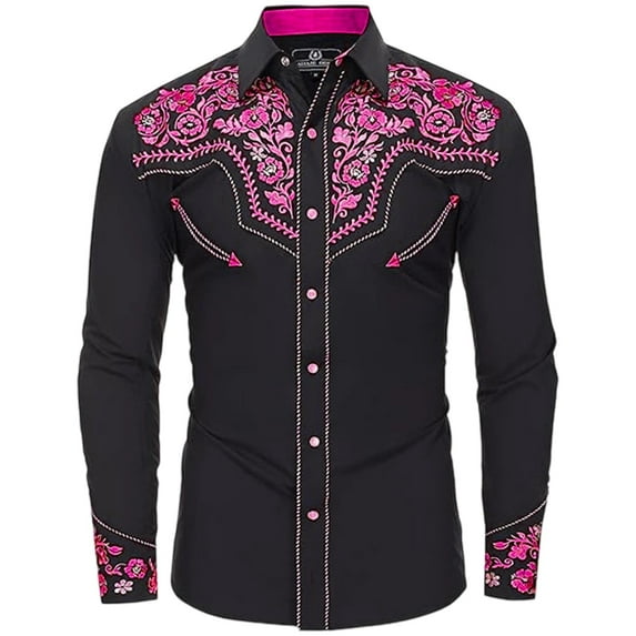 Mens Polo T-Shirt Western Cowboy Long Sleeve Embroidered Slim Fit Button Down Pockets Mens formal Shirts,Hot Pink,XL