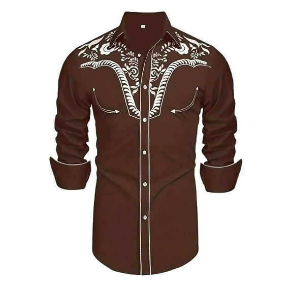 Mens Polo T-Shirt Western Cowboy Long Sleeve Embroidered Slim Fit Button Down Pockets Mens Graphic T-Shirts,Brown,M