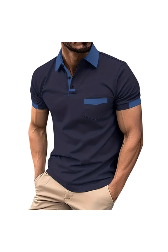 Mens Polo T Shirts Short Sleeve Button Down Polo Tees Loose Fit Navy Casual Polos for Man