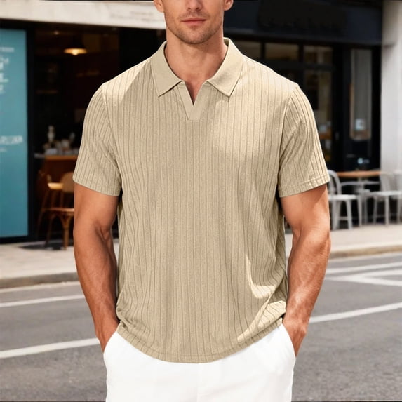 Mens Polo T Shirts Short Sleeve V Neck Tee Shirts Lightweight Khaki Mens Casual Shirts