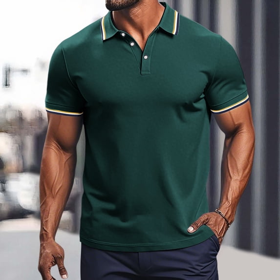 Mens Polo T Shirts Short Sleeve with Button Loose Fit Summer Shirts Dark Green Clothes for Men