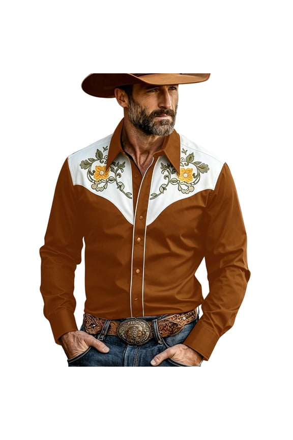 Mens Polo Western Cowboy Long Sleeve Plaid Button Down Denim Style Mens Clothing,Coffee,3XL