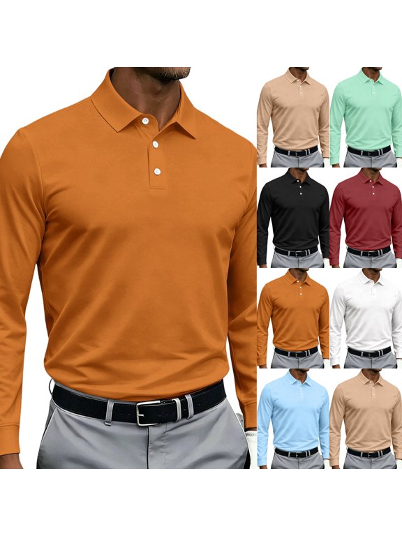 Mens Polos Casual Quick Dry Long Sleeve Golf Shirt | Breathable Collared Stretch Lightweight Top,Hiking,Stretch,Business Casual,Vacation,Moisture Wicking,Mens Polo Shirts Ginger S