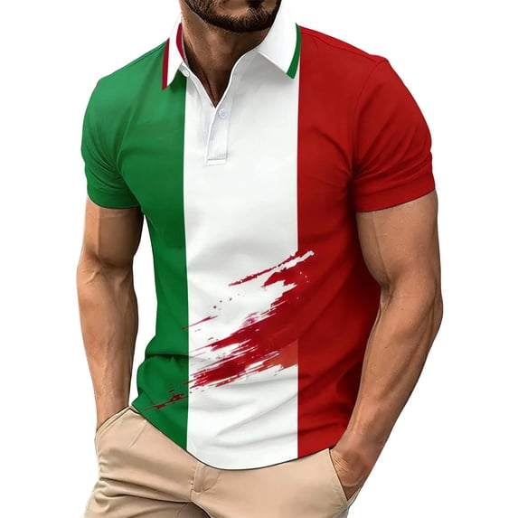 Mens Polos Men's Short Sleeve Button Down Polo Shirt Italian Flag Print Lightweight Knit Performance Top Casual Summer White L