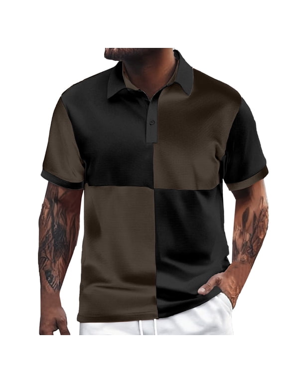 Mens Polos Shirts Color Blocked foreign Trade Button Lapel Short Sleeved Beach Vacation Clothes for Men,Black,M