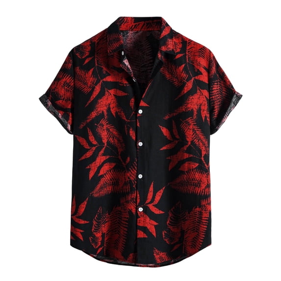Mens Polos Shirts Fashion Button Down Printed Short Sleeve Lapel Mens Clothing,Red,L