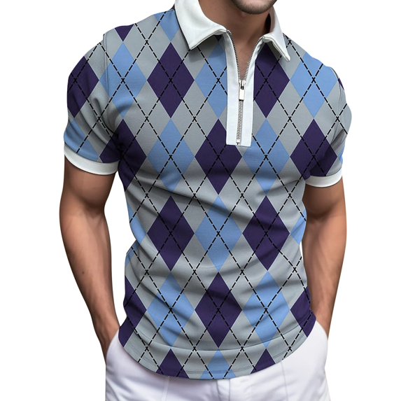 Mens Polos Shirts Fashion Zipper Turn-Down Printing Strip Raglan Short Sleeve Mens Knit Tops,Purple,XL