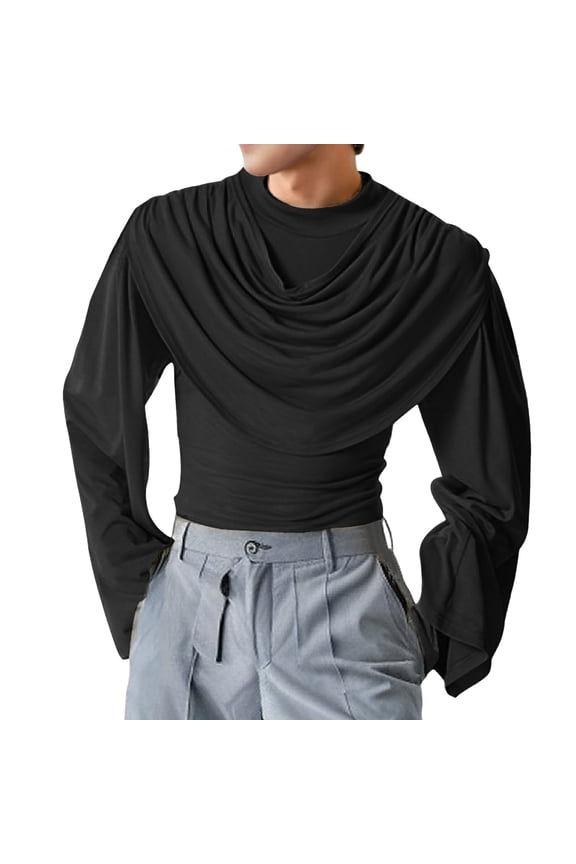 Mens Polos Shirts Minimalist High Neck French Long Sleeve Drape Collar Mens Graphic T-Shirts,Black,L