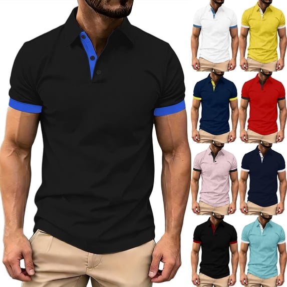 Mens Polos Shirts Short Sleeve , Button Up Golf Polos Shirt Contrast Color Tshirts Regular Fit Tennis T-Shirts Breathable Summer Casual Tee Tops Turn-Down Collar Pullover