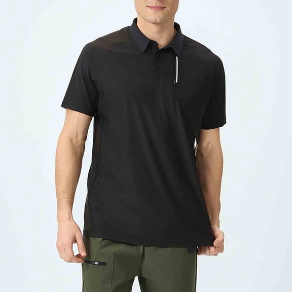 Mens Polos Shirts Summer Solid Casual Short Sleeve T-Shirts Outdoor Sport Running Training Tops Patchwork Raglan Sleeve Button Blouses Pocket