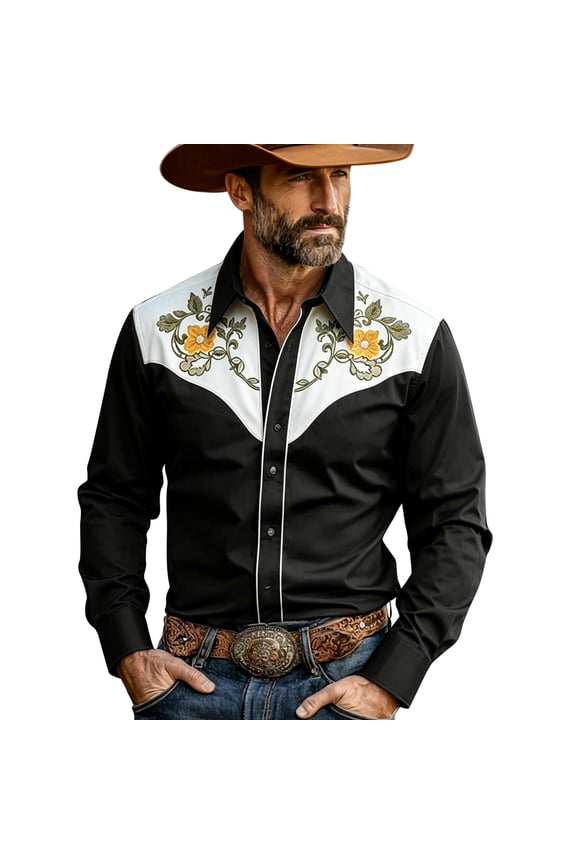 Mens Polos Shirts Western Cowboy Long Sleeve Plaid Button Down Denim Style Mens Undershirts,Black,XL