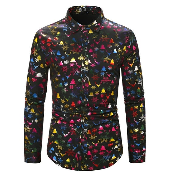 Mens Polos Tops Christmas Lapel Long Sleeved Color Blocked Button Christmas Elements Mens Long Sleeve Tee Shirts,BK2,L