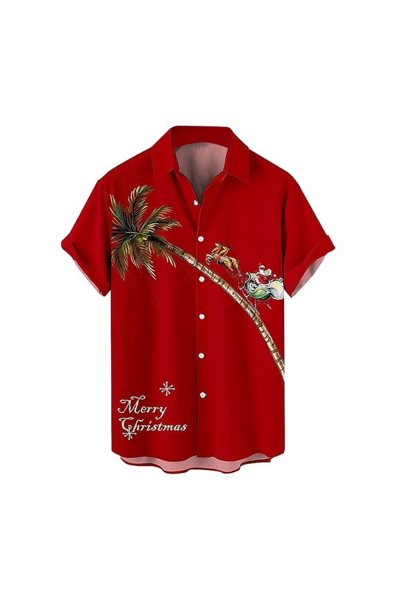 Mens Polos Tops Christmas Santa Claus Pattern Button Down Fashion Short Sleeve Lapel Mens Casual Shirts,Red,2XL