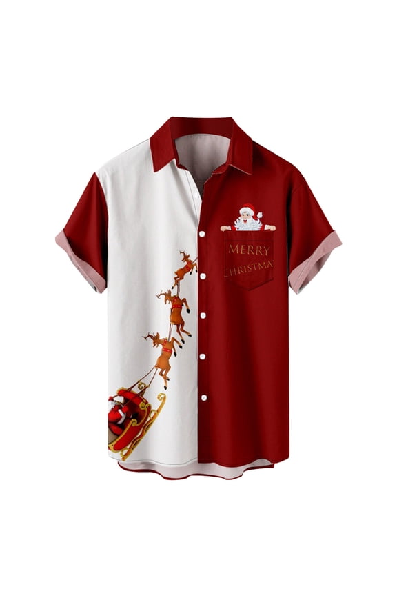 Mens Polos Tops Christmas Santa Gift 3D Digital Printing Button Lapel Short Sleeve Mens Casual Shirts,P,L