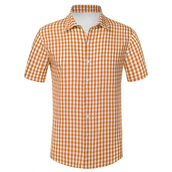Mens Polos Tops Short Sleeve Linen Blend Plaid Print Button Down Beer Mens Work Clothing,Orange,L