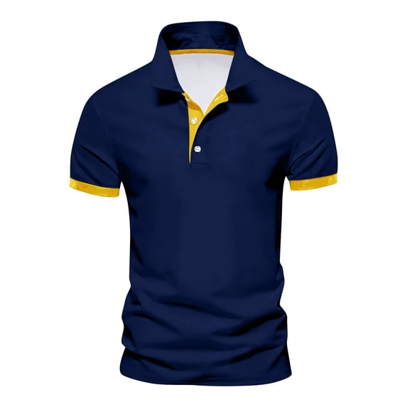 Mens Polos Two-Tone Collar Short Sleeve 2-Button Slim Fit Cotton Blend Business Casual Sports Dark Blue L
