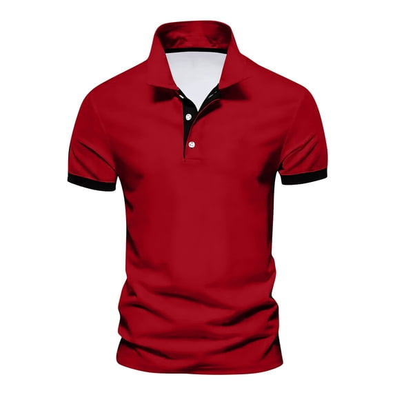 Mens Polos Two-Tone Collar Short Sleeve 2-Button Slim Fit Cotton Blend Business Casual Sports Wine 3XL