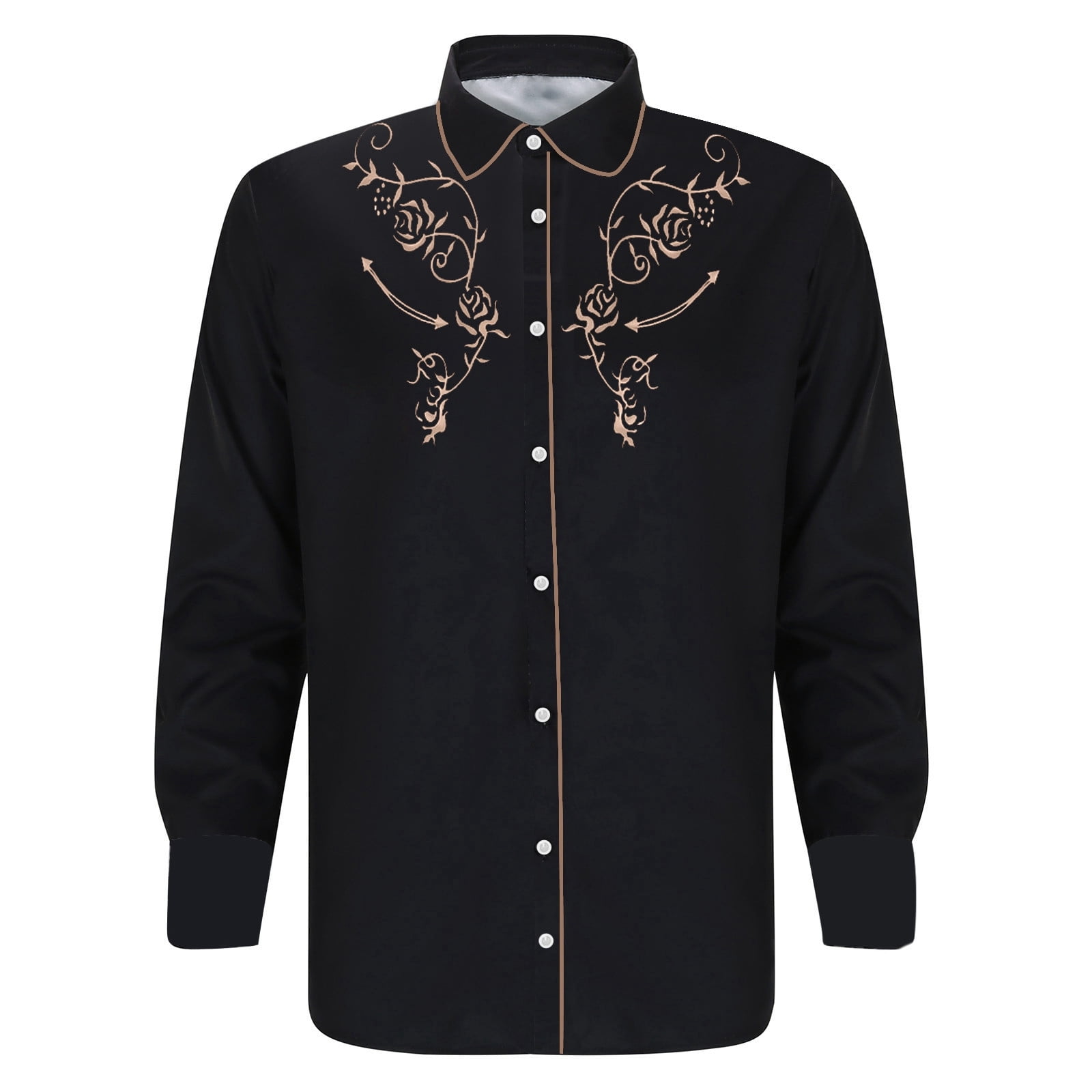 Mens Polos Western Denim 3D Printed Lapel Button Long Sleeve Floral ...