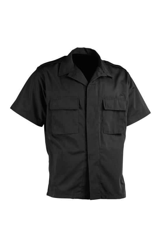 Mens PolyCotton Tactical Shirt with Epaulets, Short Sleeve Button-Up Top, Breathable, Moisture Wicking, Made in USA, Ripstop, Black, Size X-Large Long