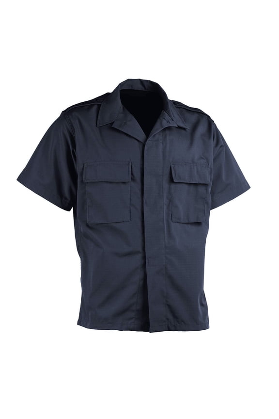 Mens PolyCotton Tactical Shirt with Epaulets, Short Sleeve Button-Up Top, Breathable, Moisture Wicking, Made in USA, Ripstop, Navy, Size 4X-Large Regular