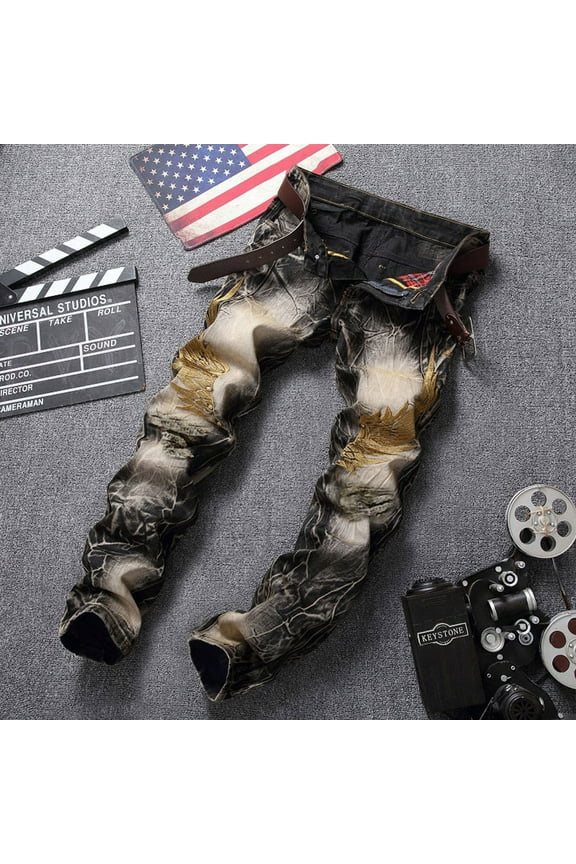 Mens Polyester Comfort Flex Waist Baggy Jeans for Men High-end Stretch Nostalgic Street Personality Embroidery Ripped Trousers Black6 M