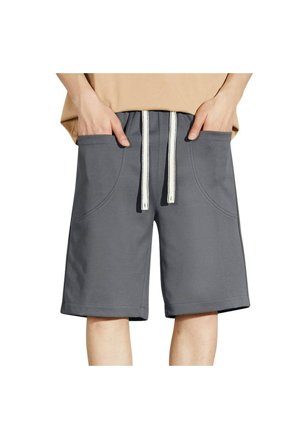 Mens Polyester Shorts Casual Solid Color Elastic Waist Straight Knee Length Shorts Breathable Beach Shorts