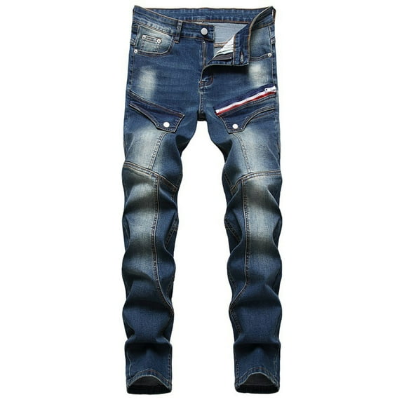 Mens Polyester and Big Men's Baggy Jeans High-end Multi-pocket Zipper Decoration Trendy Slim Jeans Blue1 S Denim Pants for Men