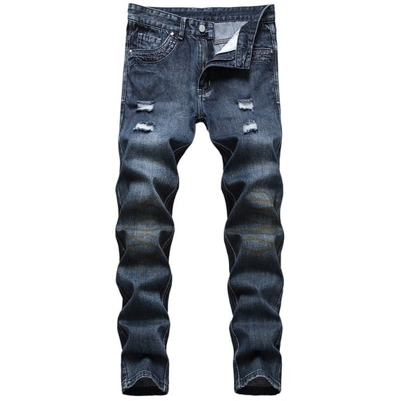 Mens Polyester and Big Men's Leg Baggy Jeans High-end Ripped Printed Trendy Slim Jeans Blue 4XL