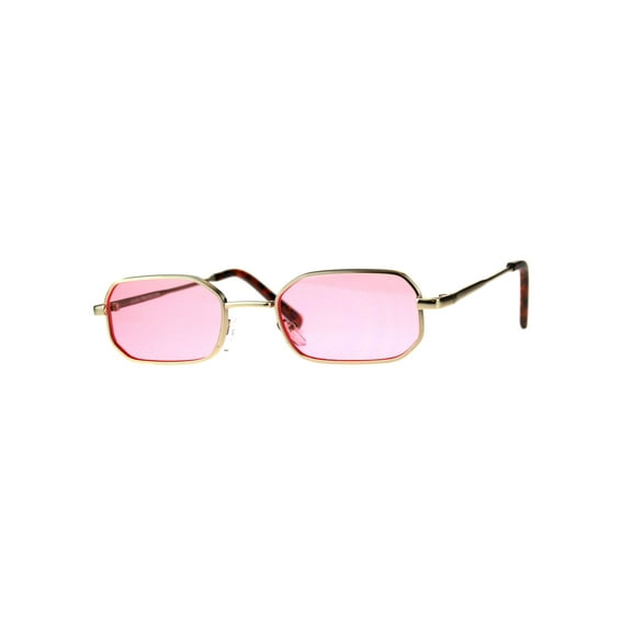 Mens Pop Color Lens Pimp Narrow Rectangular Metal Rim Sunglasses Gold Pink