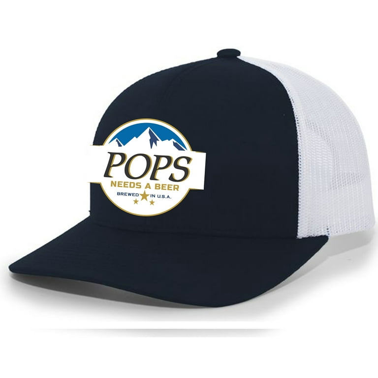 Mens Pops Needs A Beer Hat Embroidered Funny Blue Mountains American Can Logo Parody Mens Baseball Cap Mesh Snap Back Trucker Hat-Heather Navy-small